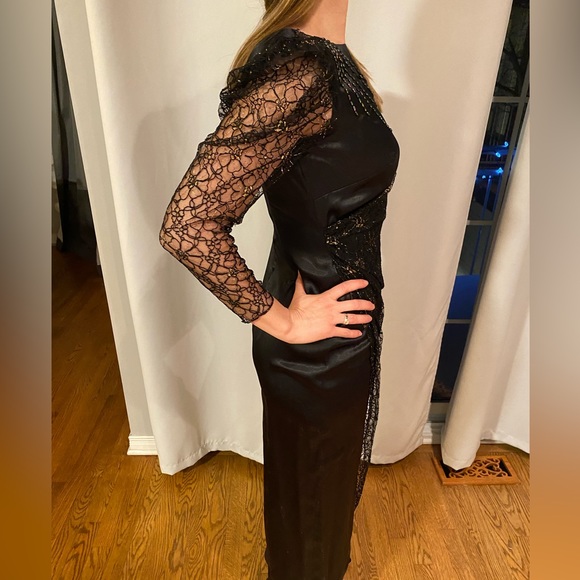 VINTAGE Black Satin Dress Printed Lace Overlay and Gold Detail | Modern Size XS - Picture 4 of 8